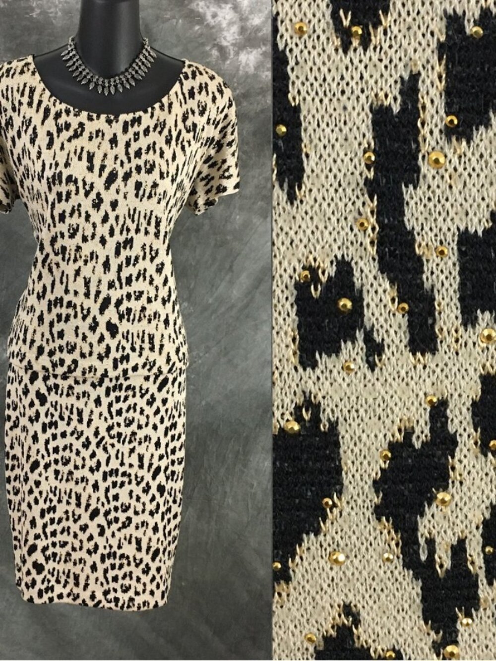 BEAUTIFUL St John evening knit beige gold embellished top skirt suit size S 6 8
